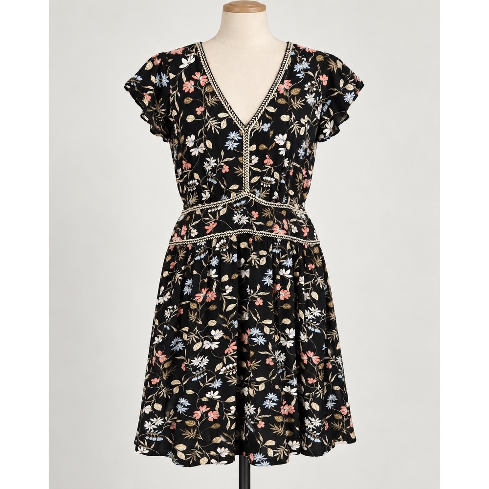 LOFT Floral V-Neck Mini Dress Black Braided Trim Cap Sleeve Size 14